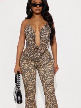 Fashion Nova Brown Multi Leopard Plunge Jumpsuit